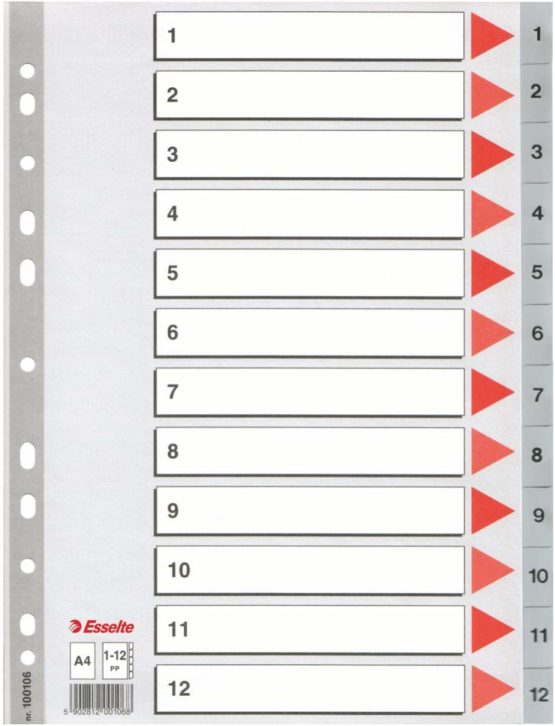 Esselte A4 1-12 Index, Heavy Duty Plastic, Grey