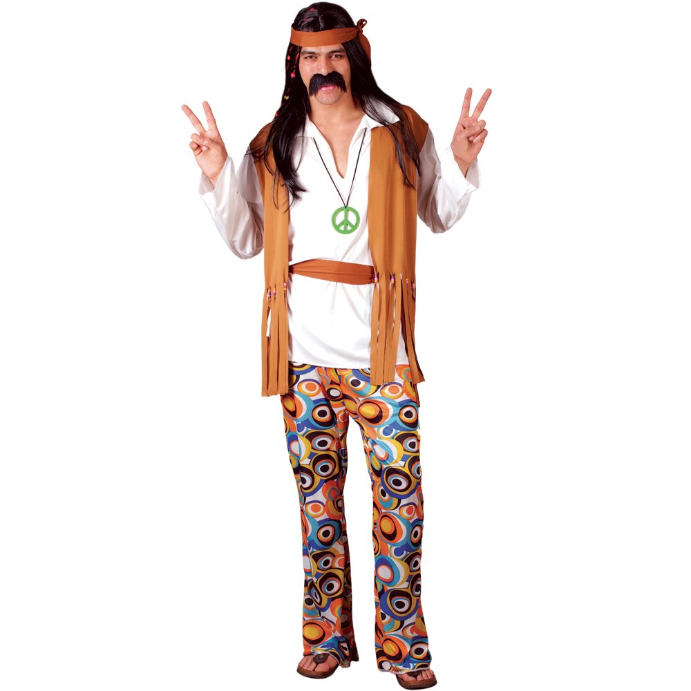 Wicked Costumes Mens 60s 70s Hippie Fancy Dress Costume - Woodstock Festival Retro Party Outfit - Large, Orange