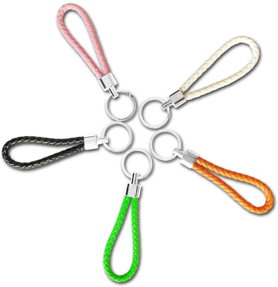 SwirlColor Braided PU Leather Strap Keyring Keychain Car Key Chain Ring Key Fob for Women Men Children- 5 Pcs