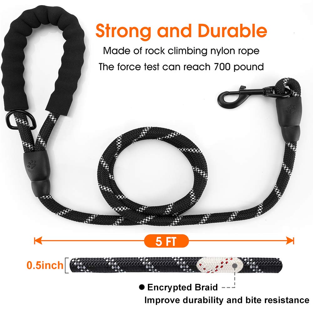 JBYAMUK 5 FT Strong Dog Lead with Comfortable Padded Handle and Highly Reflective Threads for Small Medium and Large Dogs (5-FT, Black) - Image 2