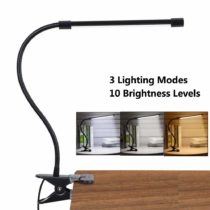 LED Clip Desk Lamp, Reading Light Study Lamp Eye Care Protection with 10 Dimmable Brightness & 3 Light Modes, USB Powered Flexible Gooseneck Clamp for Bed Headboard Table Office Lights, 7W (Black)