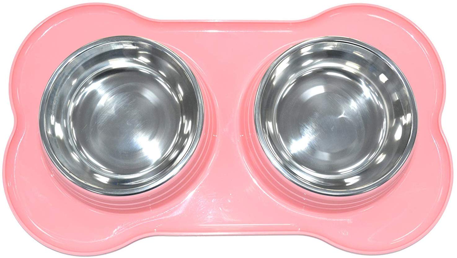DOUBLE PET FEEDING STAINLESS STEEL BOWL WITH DOUBLE PLASTIC PET FEEDER DOG/CAT/ANY SMALL ANIMAL FOOD/WATER DISH (Pink)