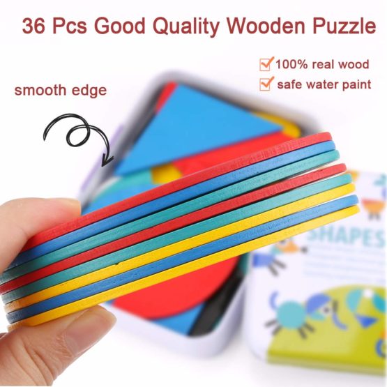 BBLIKE Wooden Jigsaw Puzzle, 36 Pcs Shape Puzzles + 60 Pcs Image Cards Kids Puzzle Set Montessori Educational Toys (A) - Image 2
