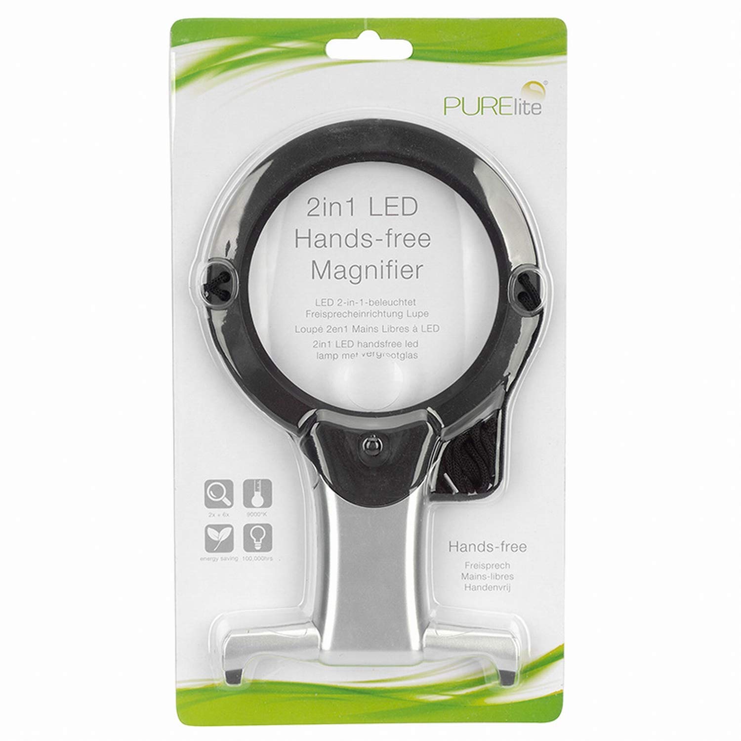 PURElite 2in1 Illuminated HandsFree Magnifier (LED), Silver & Black