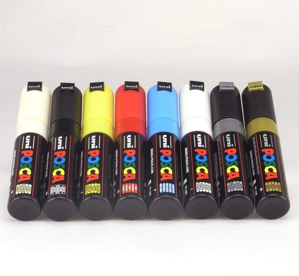 POSCA Marker 8mm - Gold/Silver/White/Yellow/Light Blue/Ivory/Red/Black (Pack of 8), Black/Blue/Gold/Ivory/Red/Silver/White/Yellow - Image 2