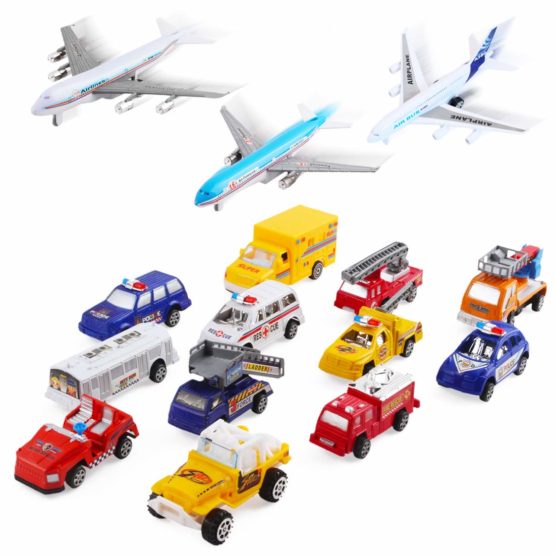 deAO Deluxe 55-Piece Kids Commercial Airport Play Set in Storage Bucket with Toy Airplanes, Play Vehicles, Police Figures, and Accessories - Image 2