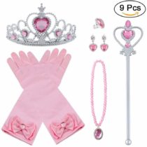 Vicloon Elsa Dress Up Accessories Set of 9, Elsa Gloves, Princess Crown, Ring, Earring, Magic Wand and Necklace (Pink)
