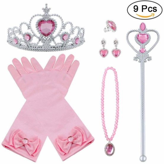 Vicloon Elsa Dress Up Accessories Set of 9, Elsa Gloves, Princess Crown, Ring, Earring, Magic Wand and Necklace (Pink)