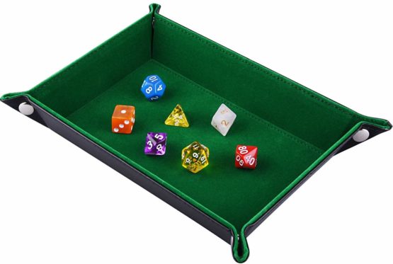 SIQUK Double Sided Dice Tray, Folding Rectangle PU Leather and Dark Green Velvet Dice Holder for Dungeons and Dragons RPG Dice Gaming D&D and Other Table Games