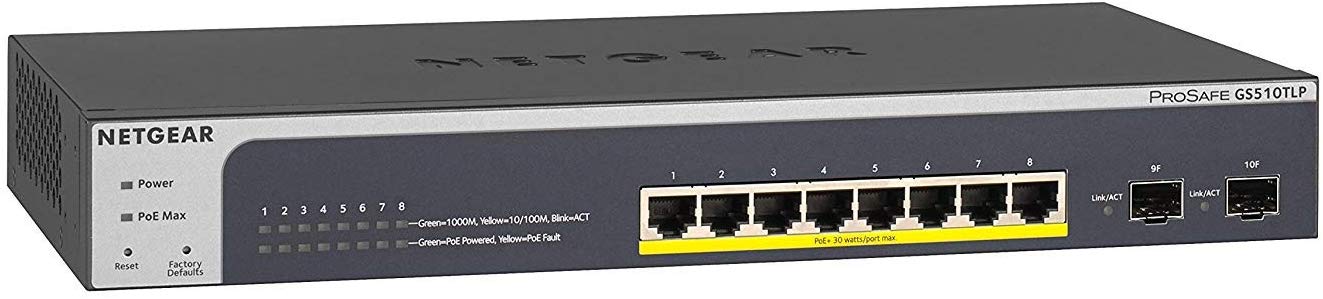 NETGEAR 10-Port Gigabit Ethernet Smart Managed Pro PoE Switch (GS510TPP), with 8 x PoE+ @ 190W, 2 x 1G SFP, Desktop/Rackmount