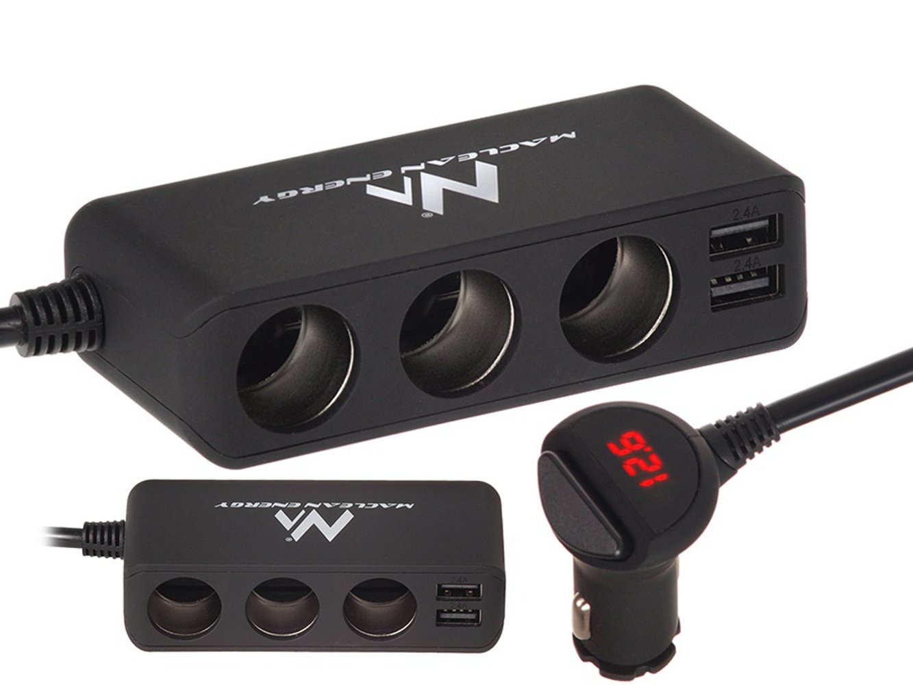 Maclean MCE117 MultiPort Car Charger 3x12V Lighter Socket 4xUSB, Black, Zigarettenanzünder-Verteiler