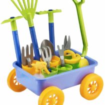deAO Pull along Kids Wagon Wheelbarrow and Gardening Tools Play Set Includes 10 Accessories and 4 Plant Pots