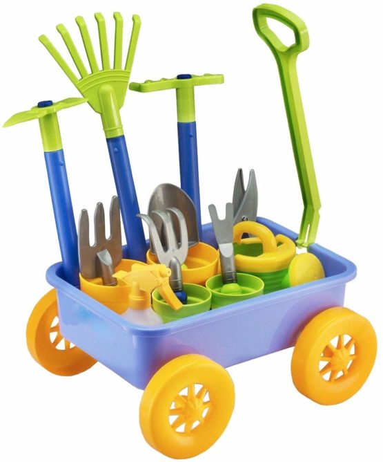 deAO Pull along Kids Wagon Wheelbarrow and Gardening Tools Play Set Includes 10 Accessories and 4 Plant Pots