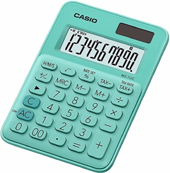 Casio Desktop Calculator MS-7UC 10 Digits in Trendy Colours, Tax Calculation, Sign Change, Solar/Battery Operated