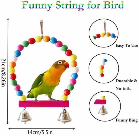 ESRISE 7 Pcs Bird Parrot Toys, Hanging Bell Pet Bird Cage Hammock Swing Climbing Ladders Toy Wooden Perch Mirror Chewing Toy for Conures, Love Birds, Small Parakeets Cockatiels, Macaws (Muliti-B) - Image 2