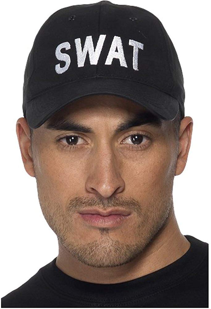 Smiffys SWAT Baseball Cap, Black with Embroidery, Cops & Robbers Fancy Dress, Cops and Robbers Dress Up Hats