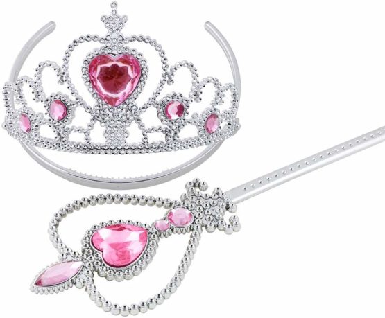 Vicloon Elsa Dress Up Accessories Set of 9, Elsa Gloves, Princess Crown, Ring, Earring, Magic Wand and Necklace (Pink) - Image 2