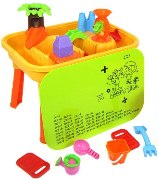 deAO Sand and Water Play Table 2 in 1 Plastic Outdoor Table for Toddlers with Times Tables and Accessories Included