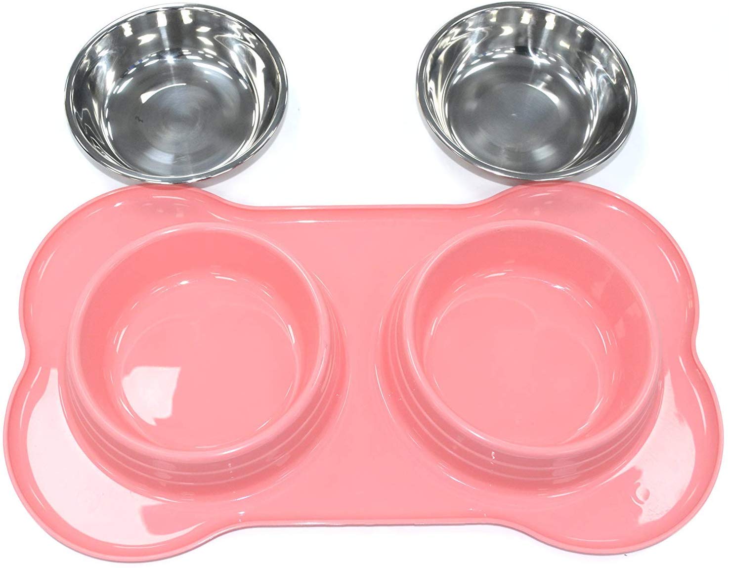 DOUBLE PET FEEDING STAINLESS STEEL BOWL WITH DOUBLE PLASTIC PET FEEDER DOG/CAT/ANY SMALL ANIMAL FOOD/WATER DISH (Pink) - Image 2