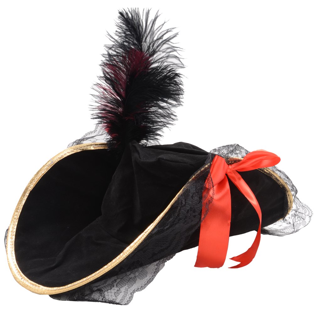 Wicked Costumes Ladies Deluxe Caribbean Pirate Hat with Feather Fancy Dress Accessory, Multicoloured, FEMALE DELUXE WITH FEATHER