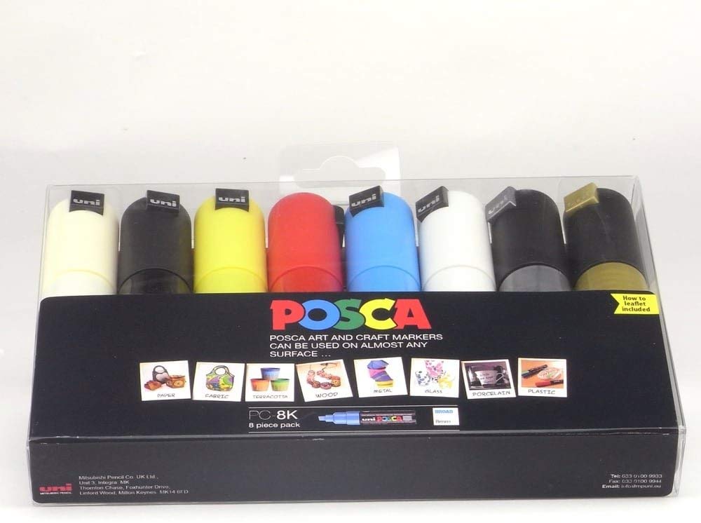 POSCA Marker 8mm - Gold/Silver/White/Yellow/Light Blue/Ivory/Red/Black (Pack of 8), Black/Blue/Gold/Ivory/Red/Silver/White/Yellow - Image 3