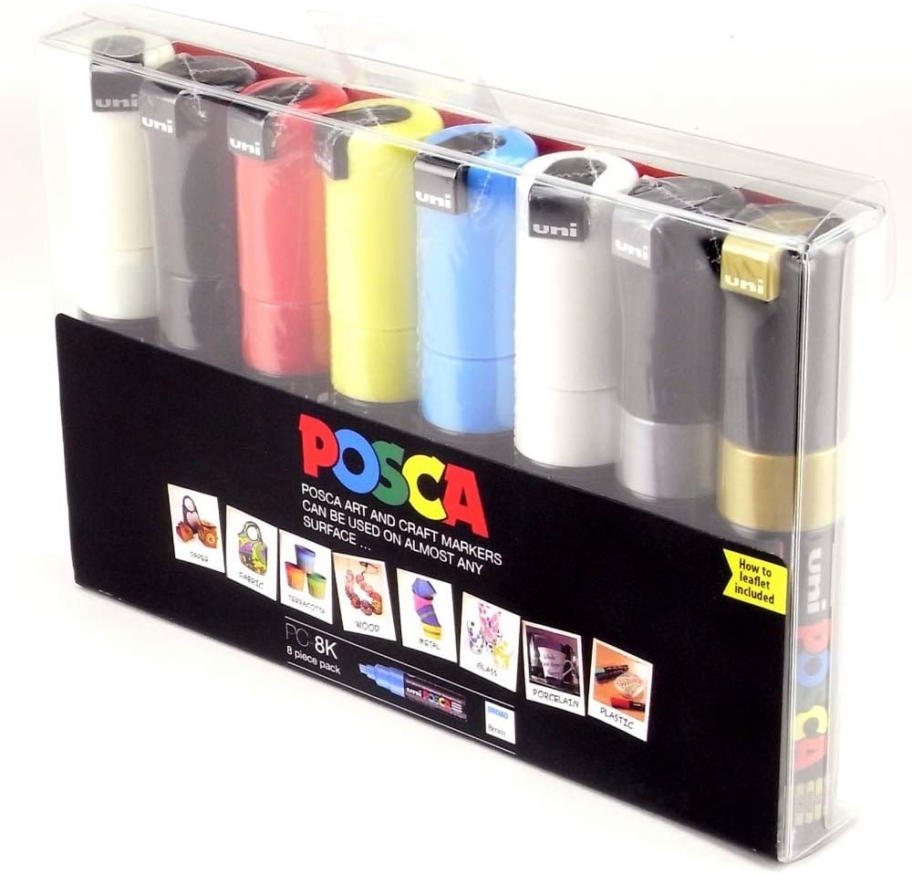 POSCA Marker 8mm - Gold/Silver/White/Yellow/Light Blue/Ivory/Red/Black (Pack of 8), Black/Blue/Gold/Ivory/Red/Silver/White/Yellow