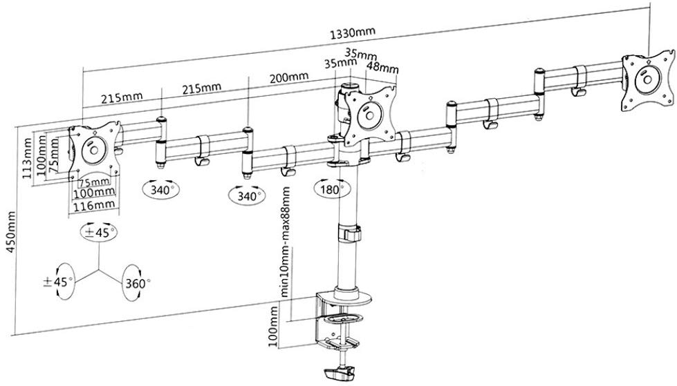 Maclean Brackets MC-691 Triple Monitor Arm LED LCD Plasma Screen Desk Mount 13"-27" 8kg, schwarz, 52x31x14 cm - Image 3