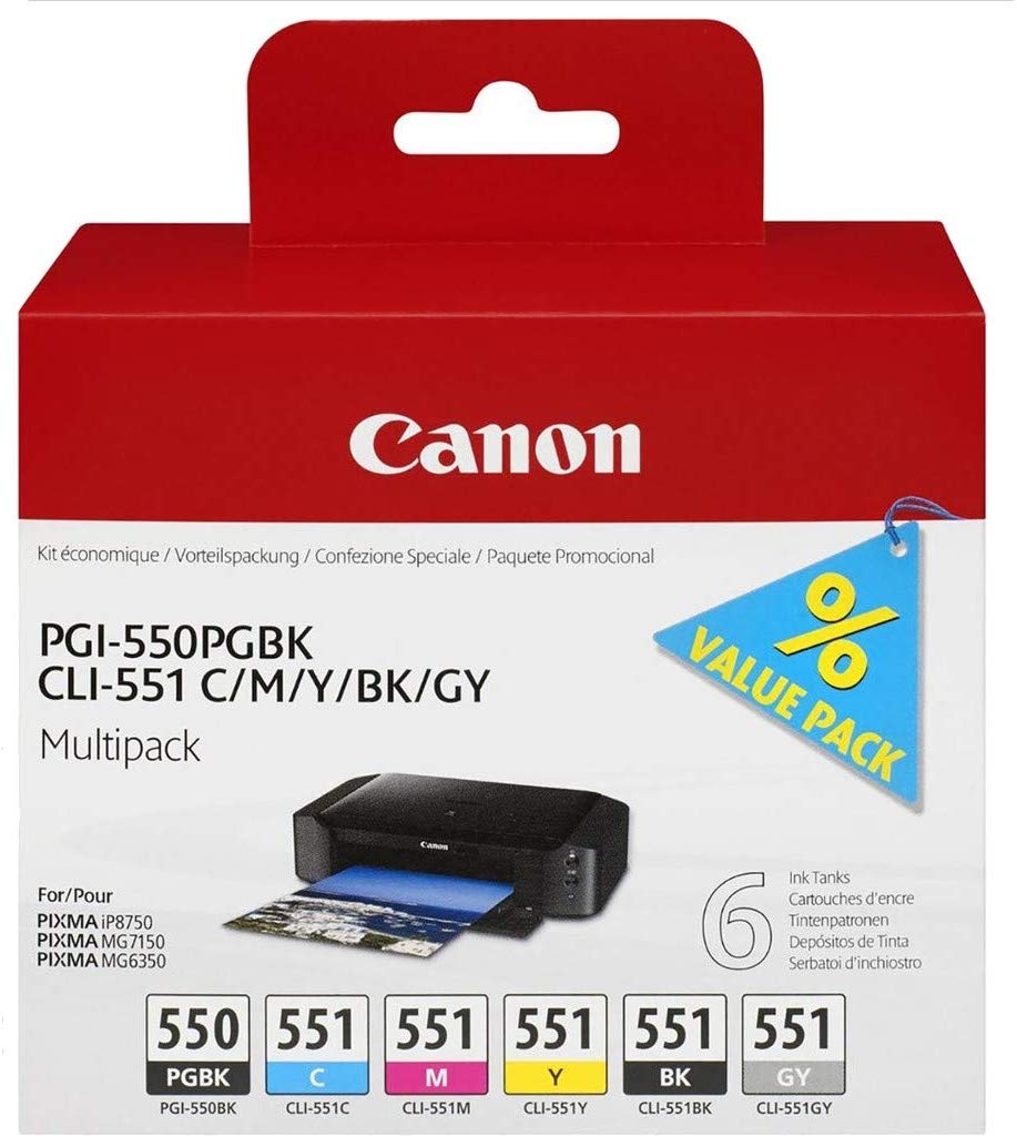 Canon Ink Cartridge for Pgi550Pgbk/Cli551 - Multicolour (Pack of 6), Black/Yellow/Magenta/Cyan, Multi-pack