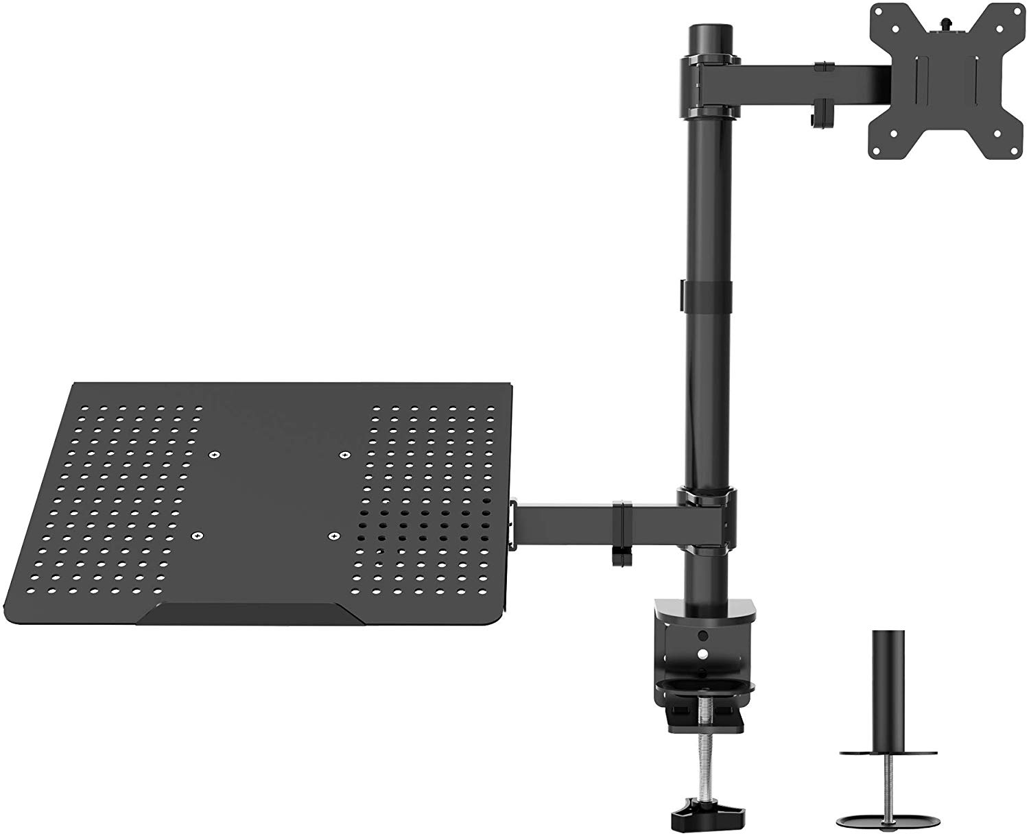 BONTEC Monitor Arm Mount with Laptop Tray for 13 to 27 inch LCD LED Screen & up to 17 inch Notebook,Tilt Rotation Swivel Ergonomic Desk Stand Bracket with Clamp