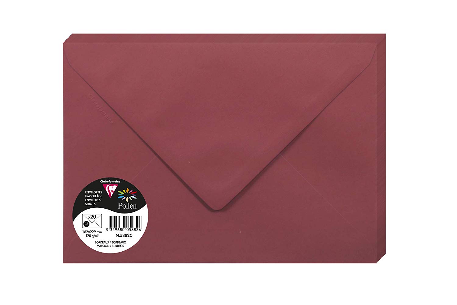 Clairefontaine 5882C Pack of 20 Gummed Envelopes C5 16,2x22,9cm 120gsm Colour Burgundy Invitation Events Correspondence Pollen Range Premium Smooth Paper