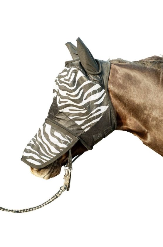 Hkm ANTI FLY MASK WITH EARS AND NOSE - ZEBRA PATTERN FOR HORSE, COB, PONY, EQUINE