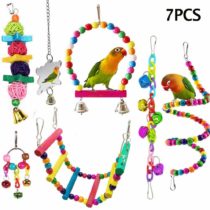 ESRISE 7 Pcs Bird Parrot Toys, Hanging Bell Pet Bird Cage Hammock Swing Climbing Ladders Toy Wooden Perch Mirror Chewing Toy for Conures, Love Birds, Small Parakeets Cockatiels, Macaws (Muliti-B)