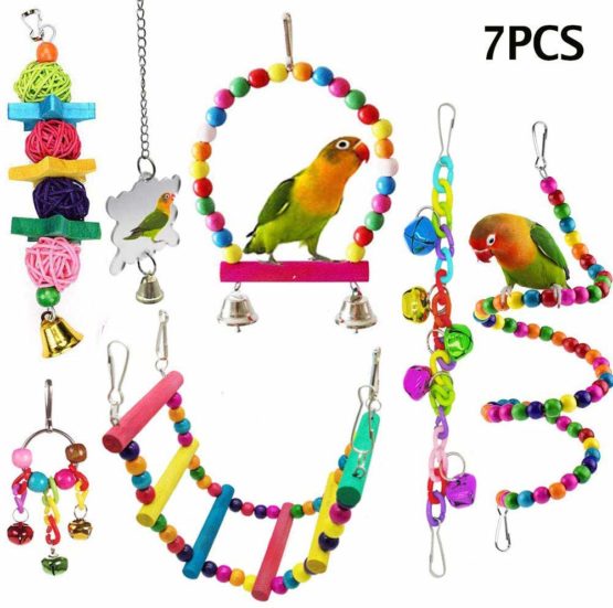 ESRISE 7 Pcs Bird Parrot Toys, Hanging Bell Pet Bird Cage Hammock Swing Climbing Ladders Toy Wooden Perch Mirror Chewing Toy for Conures, Love Birds, Small Parakeets Cockatiels, Macaws (Muliti-B)