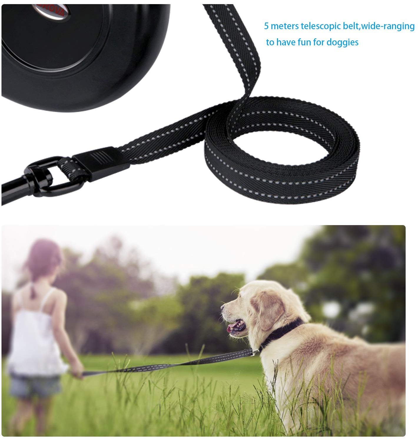 AROVA Dog Lead Retractable, 5M Extendable Dog/Pet Leads/Leash for Small Medium Large Dogs Up to