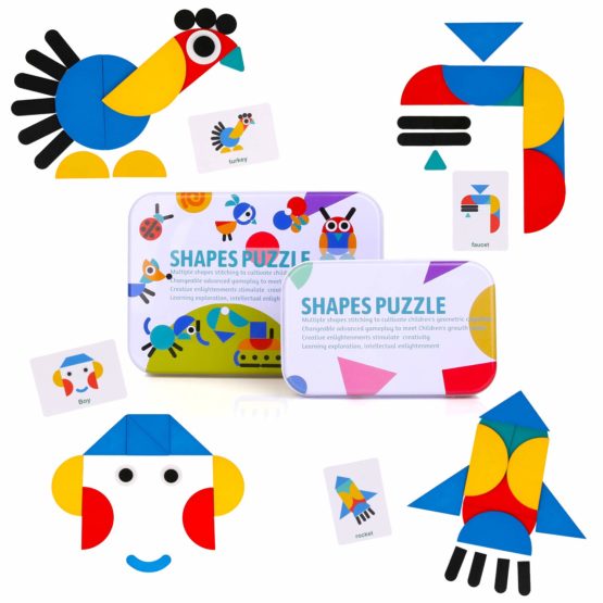 BBLIKE Wooden Jigsaw Puzzle, 36 Pcs Shape Puzzles + 60 Pcs Image Cards Kids Puzzle Set Montessori Educational Toys (A)
