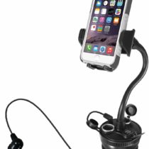 Macally MCUPPOWER 8-Inch (20 Centimeter) Super-Long Adjustable Car Cup Mount Phone Holder with 2 USB Ports and 2 Cigarette Lighter Sockets