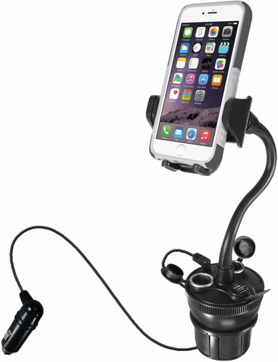 Macally MCUPPOWER 8-Inch (20 Centimeter) Super-Long Adjustable Car Cup Mount Phone Holder with 2 USB Ports and 2 Cigarette Lighter Sockets