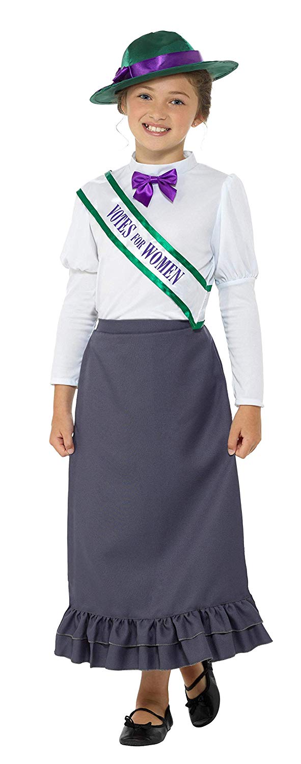 Smiffys Victorian Suffragette Costume, Grey with Skirt, Attached Blouse, Sash & Hat, Girls Fancy Dress, Child Dress Up Costumes