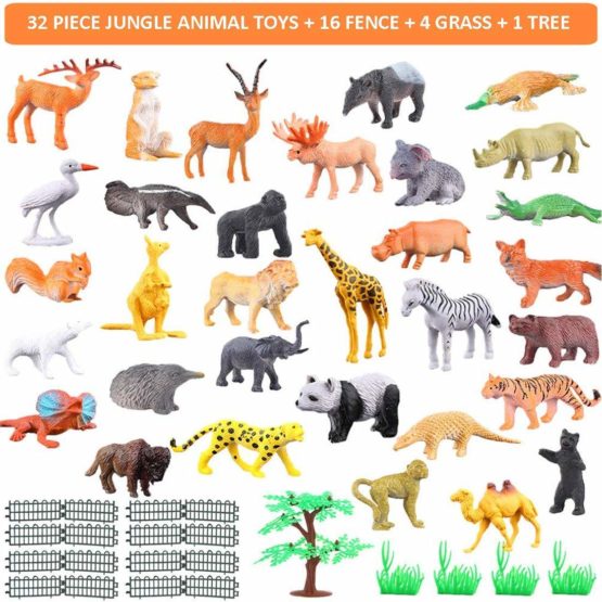 65 Pieces Animal Figures Toy Set - Plastic Educational Jungle Animal Toys for Boys Girls Kids Toddlers Farm Small Animals. Includes 44 Mini Animal Figures,16 Fences, 4 Grass and 1 Trees - Image 3