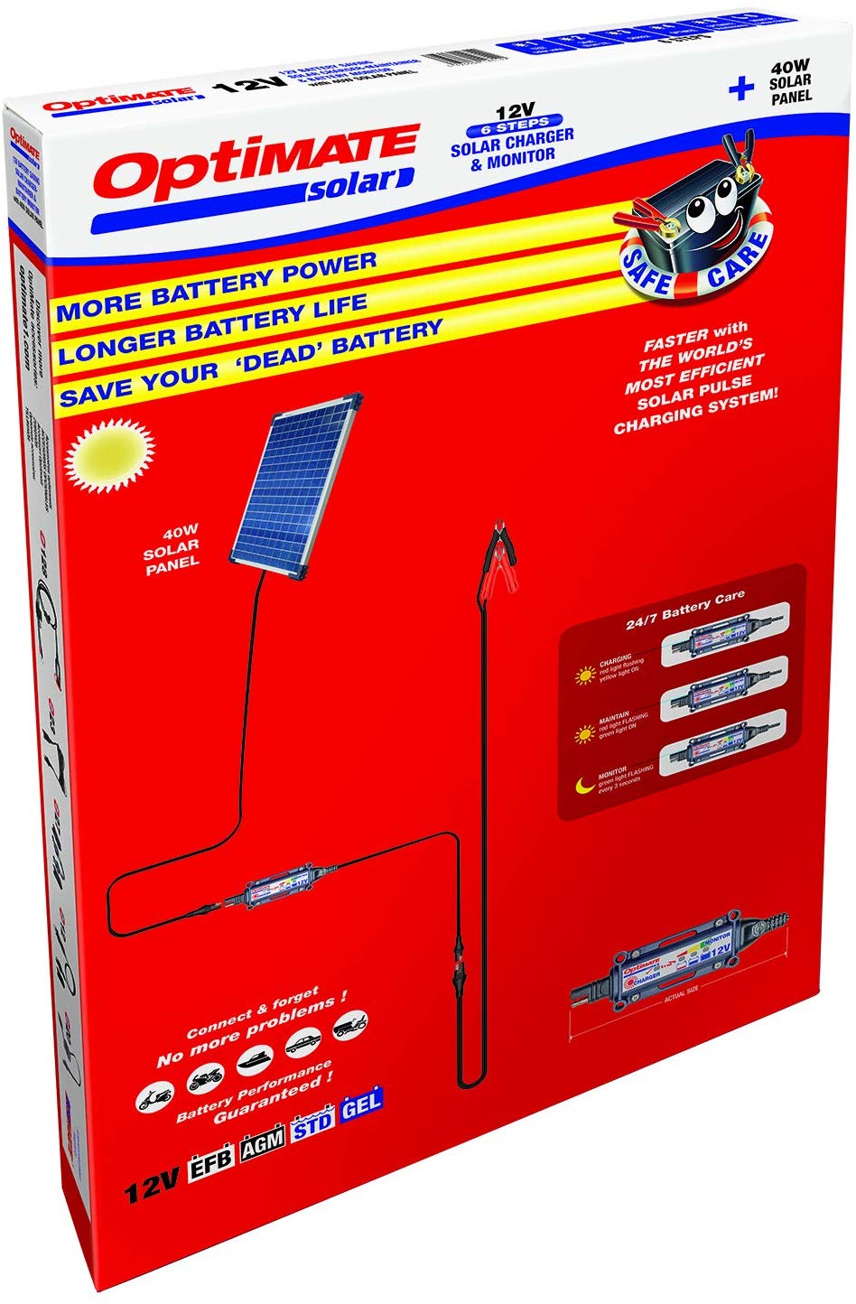 OptiMate Solar 40W 3.3A 12V Automatic Battery Charger with Solar Panel, Solar KIT 40W