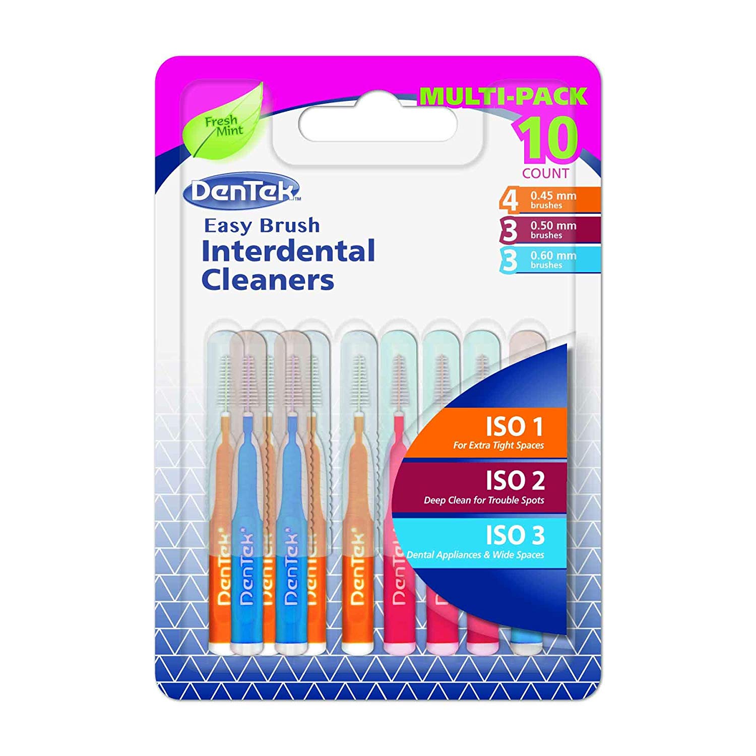 Dentek Easy Brush Interdental Brushes Multi Size Pack 4 X Iso1 0 45mm 3 X Iso2 0 5mm And