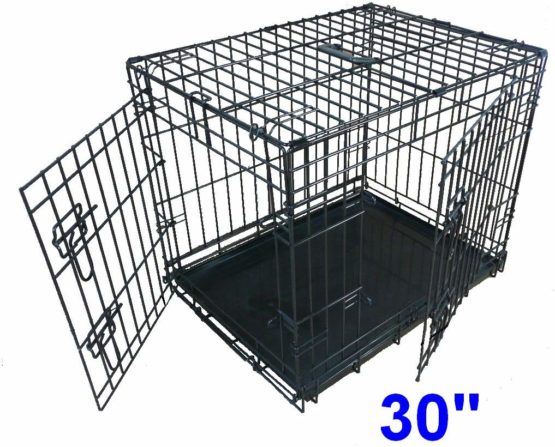 Ellie-Bo Dog Puppy Cage Medium 30 inch Black Folding 2 Door Cage with Non-Chew Metal Tray