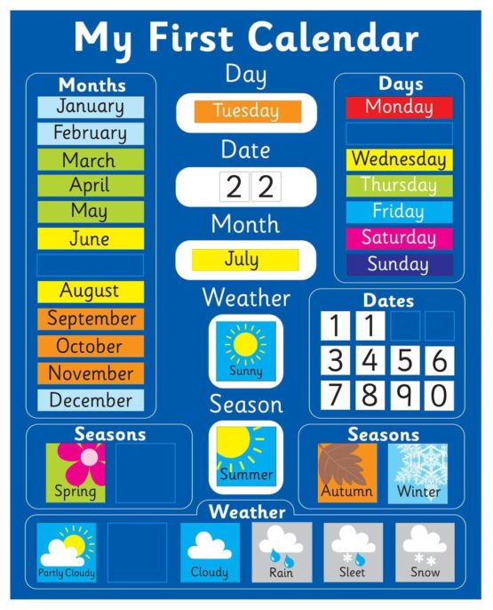 My First Magnetic Calendar - BLUE (also available in PINK). Rigid board 40 x 32cm with hanging loop