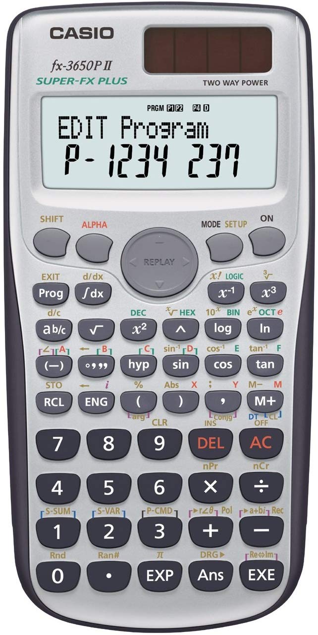Casio FX-3650P II programmable calculator with 279 functions, 2-line display, battery/solar cell, gray
