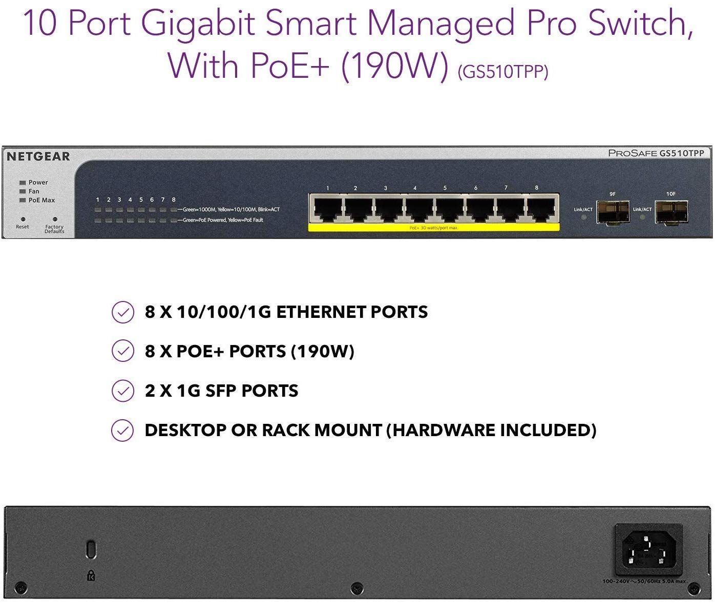 NETGEAR 10-Port Gigabit Ethernet Smart Managed Pro PoE Switch (GS510TPP), with 8 x PoE+ @ 190W, 2 x 1G SFP, Desktop/Rackmount - Image 2