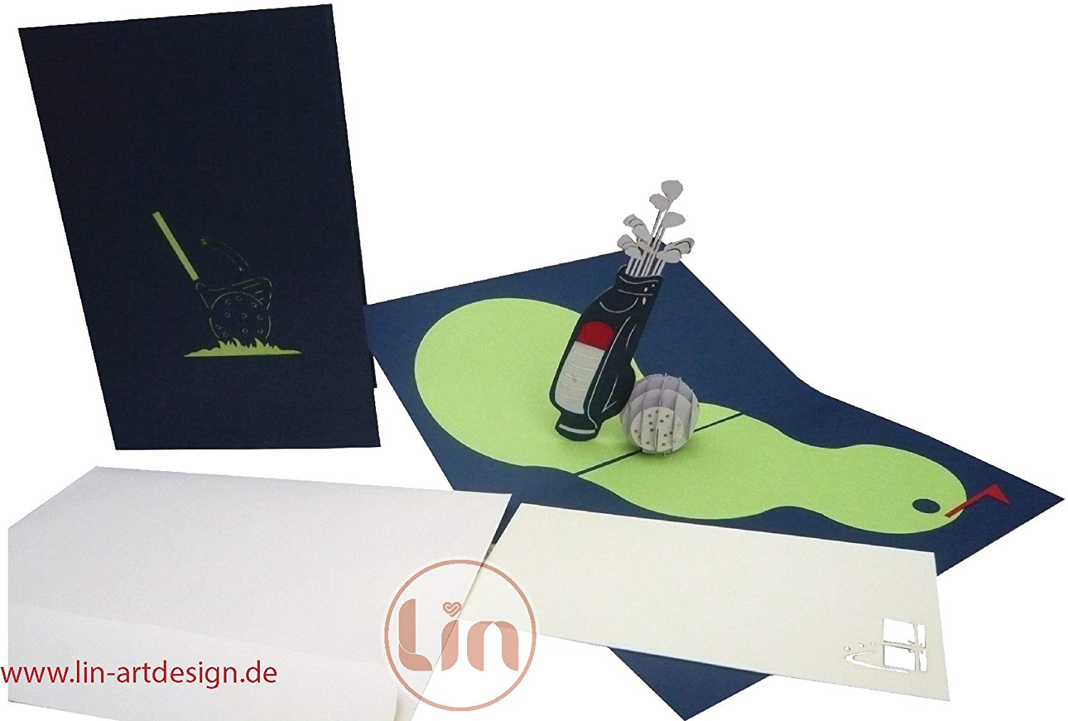 LIN - Pop Up 3D Greeting Card for a Golfer's Birthday, Golf Club and Ball, Handmade, (#213), darkblue, A5 - Image 3