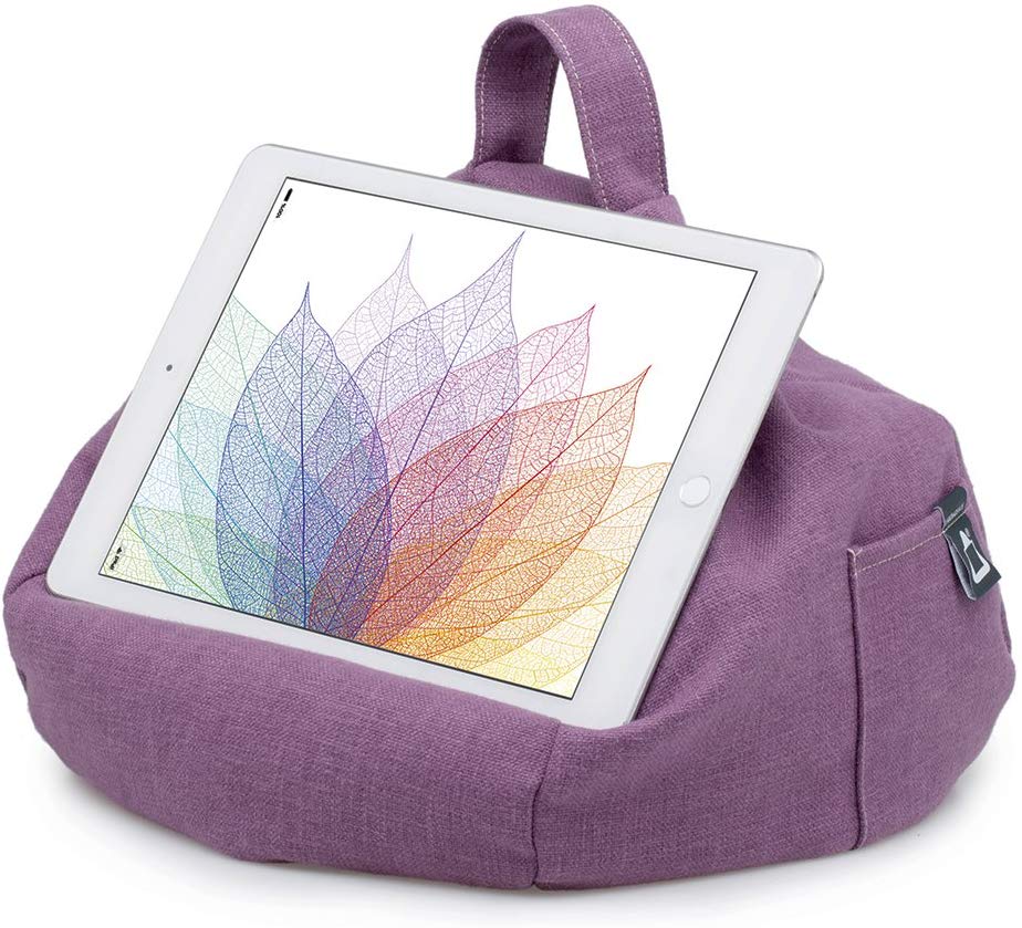 iBeani iPad and Tablet Cushion Stand - Bean Bag Holder For All Devices - Securely Holds at Any Angle on Any Surface - Handy Side Pocket - Range of Designs - Purple