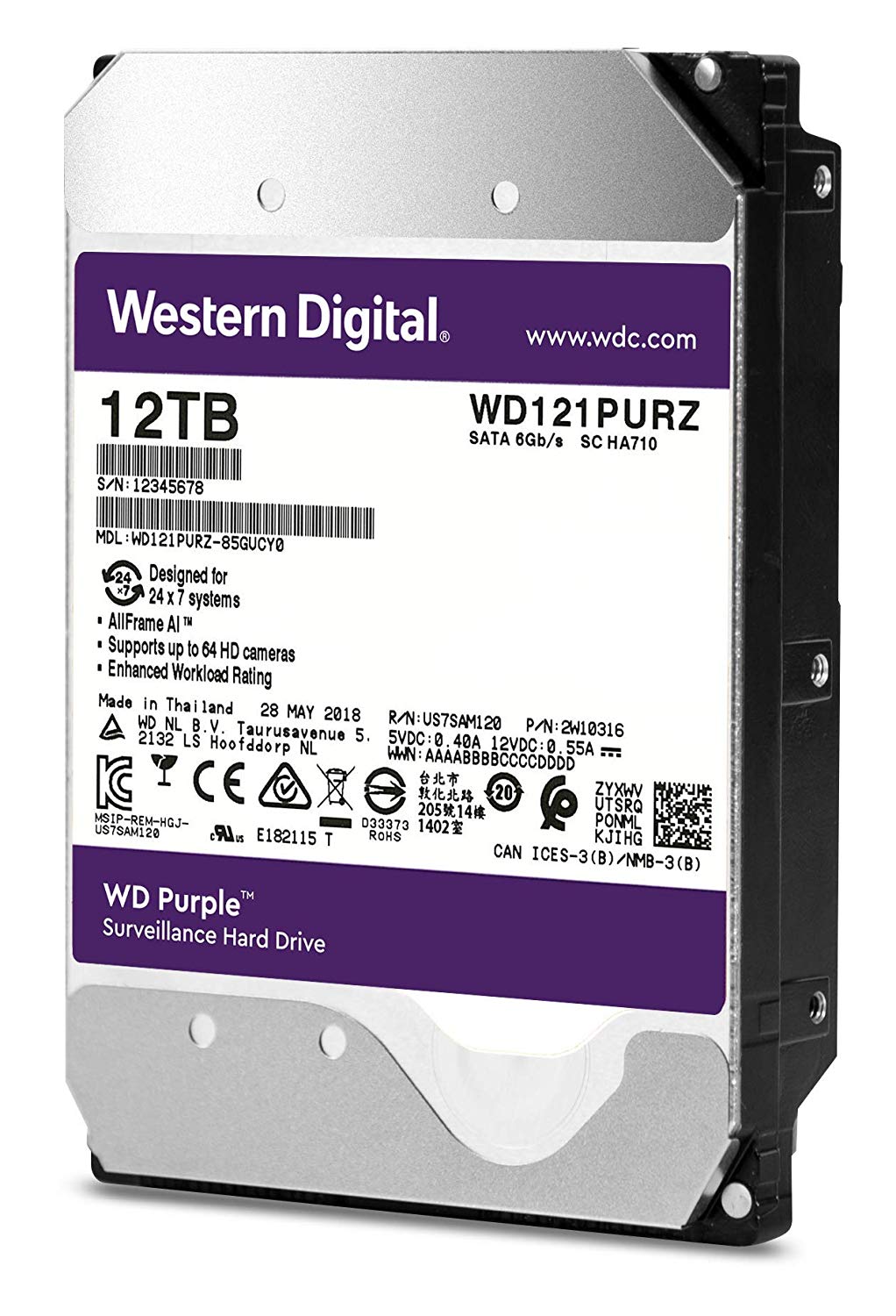 WD Purple 12TB Surveillance 3.5 Inch SATA 6 Gb/s Hard Disk Drive with Allframe 4K Technology, 360TB/yr, 256MB Cache 7200rpm - Image 2