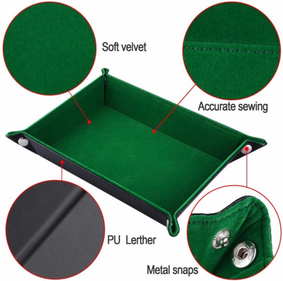 SIQUK Double Sided Dice Tray, Folding Rectangle PU Leather and Dark Green Velvet Dice Holder for Dungeons and Dragons RPG Dice Gaming D&D and Other Table Games - Image 2