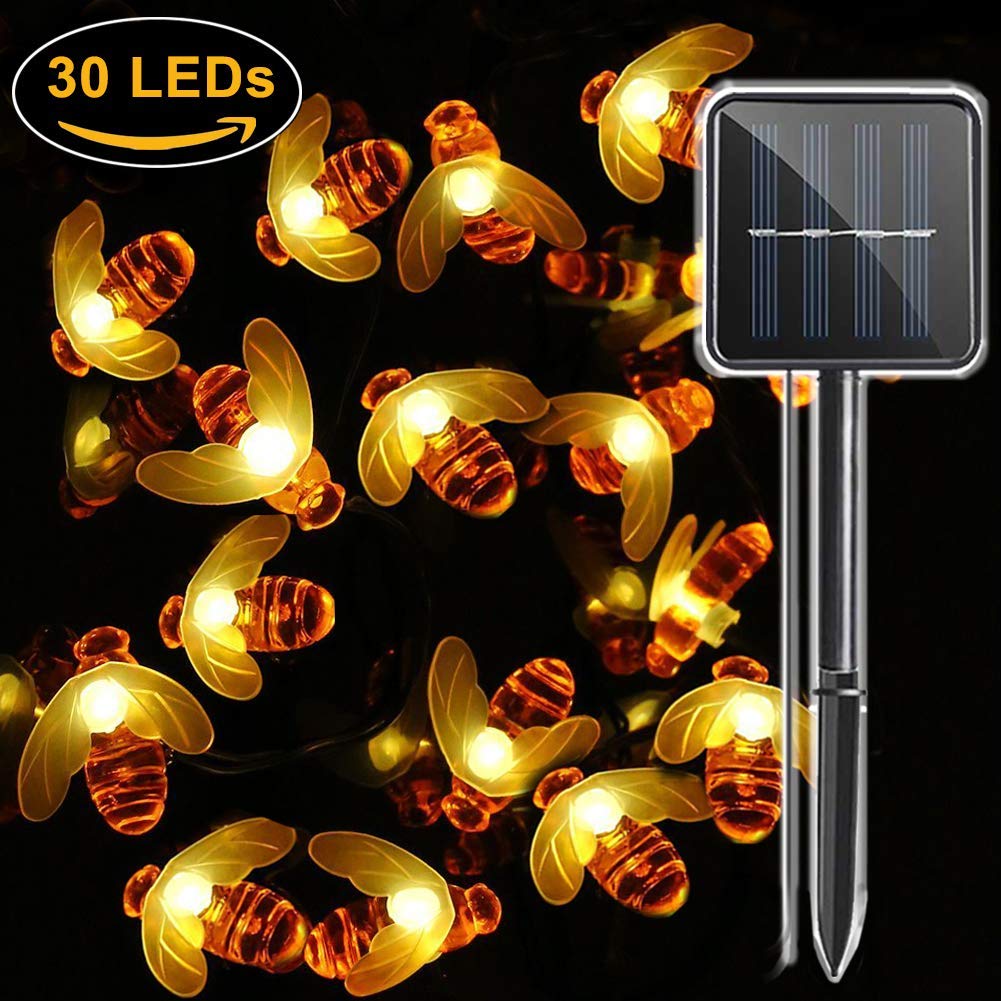 Solar Powered Honeybee Outdoor Lights, 30 LED 21 ft Waterproof Fairy String Lights, Bumble Bee for Garden Flower Fence, Patio